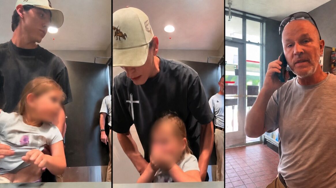 Blurred collage from viral restroom video discussed in Reddit reaction article