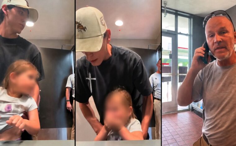 Blurred collage from viral restroom video discussed in Reddit reaction article